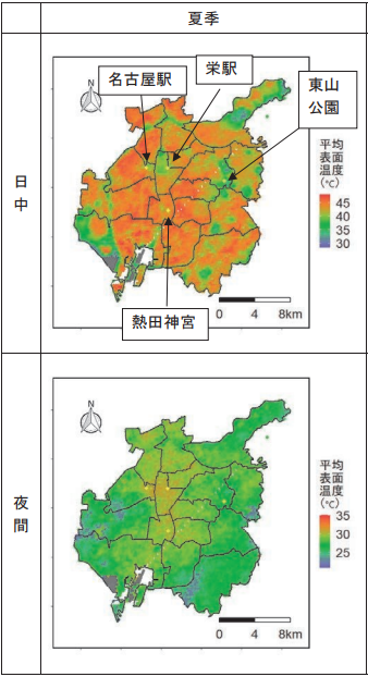 平均化した名古屋市の地表面温度の図（抜粋）